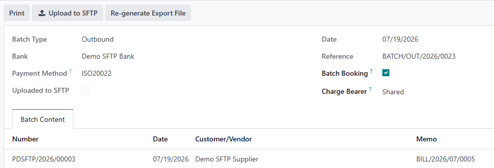 Upload to SFTP button on a validated batch payment