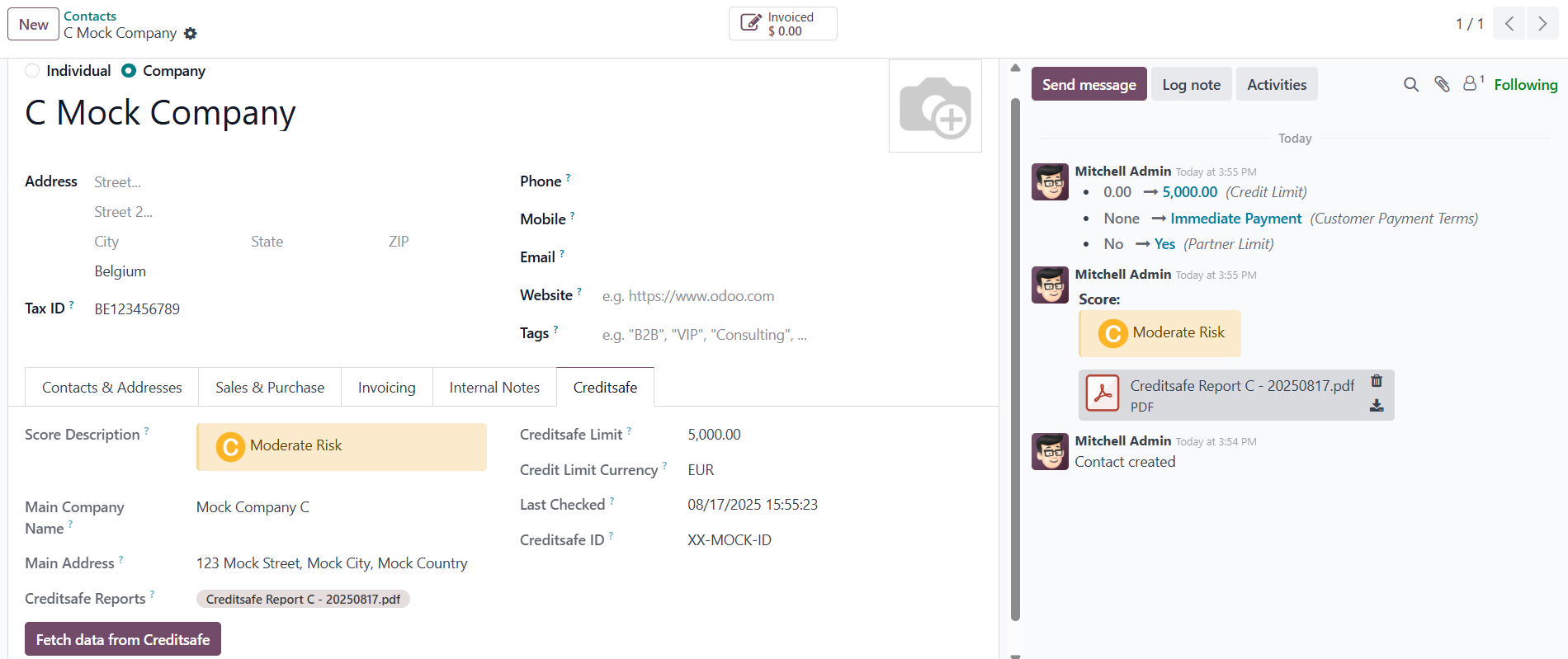 Creditsafe tab on an Odoo contact with score, limit and PDF report