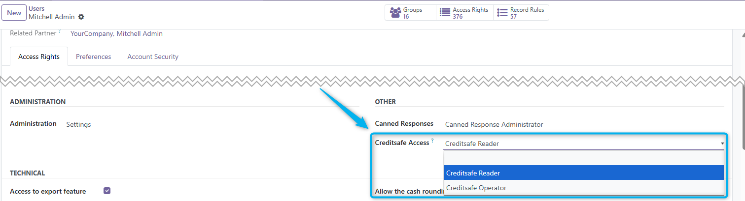 Creditsafe user roles in Odoo access rights