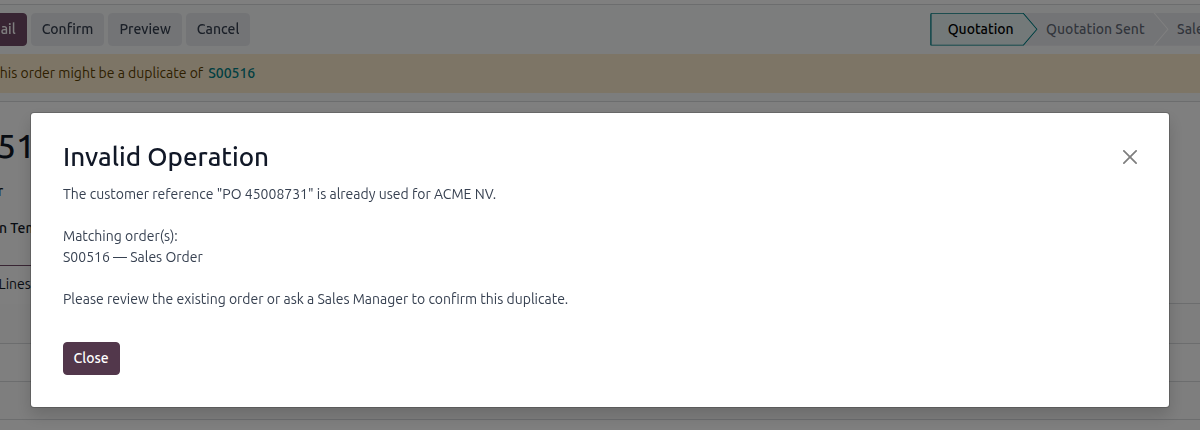Error dialog stating that the customer reference is already used for ACME NV, listing the matching order and suggesting to ask a Sales Manager