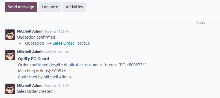 Chatter note by Oplify PO Guard recording that the order was confirmed despite the duplicate customer reference, the matching order and the user who confirmed
