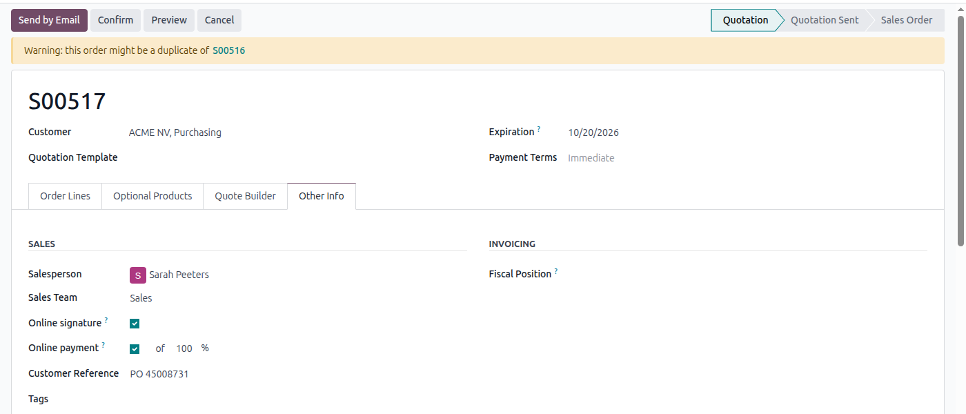 Quotation for ACME NV, Purchasing with Odoo's duplicate warning pointing to the existing order that uses the same PO number in a different format