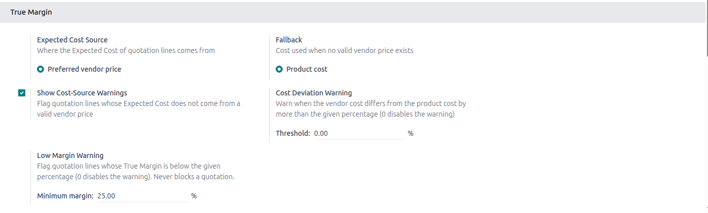 True Margin settings — expected cost source, fallback, cost-source warnings and low margin warning threshold